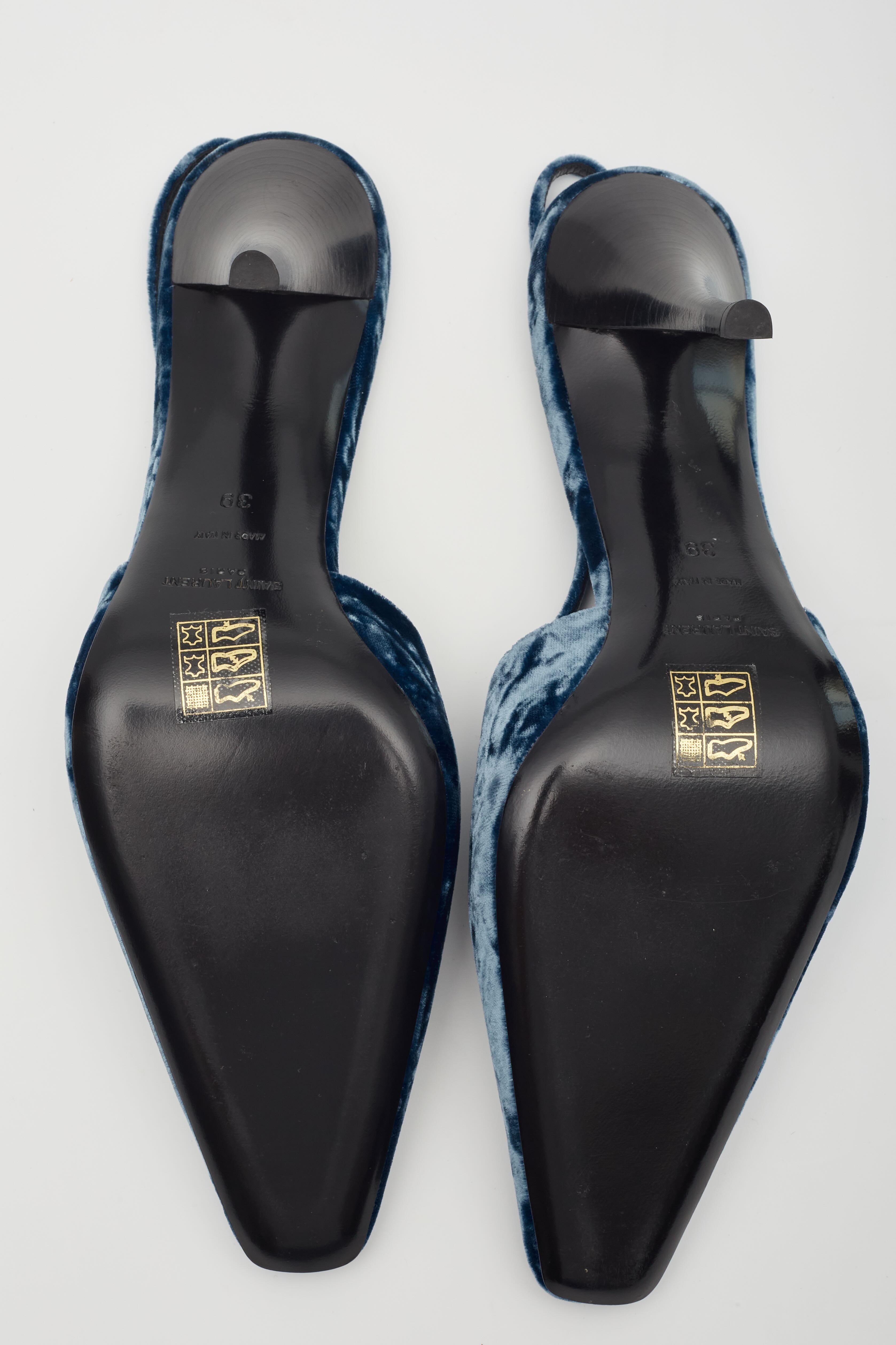 Saint Laurent Velvet Tom Dream Slingback Heels Blue EU 40.5 For Sale 1