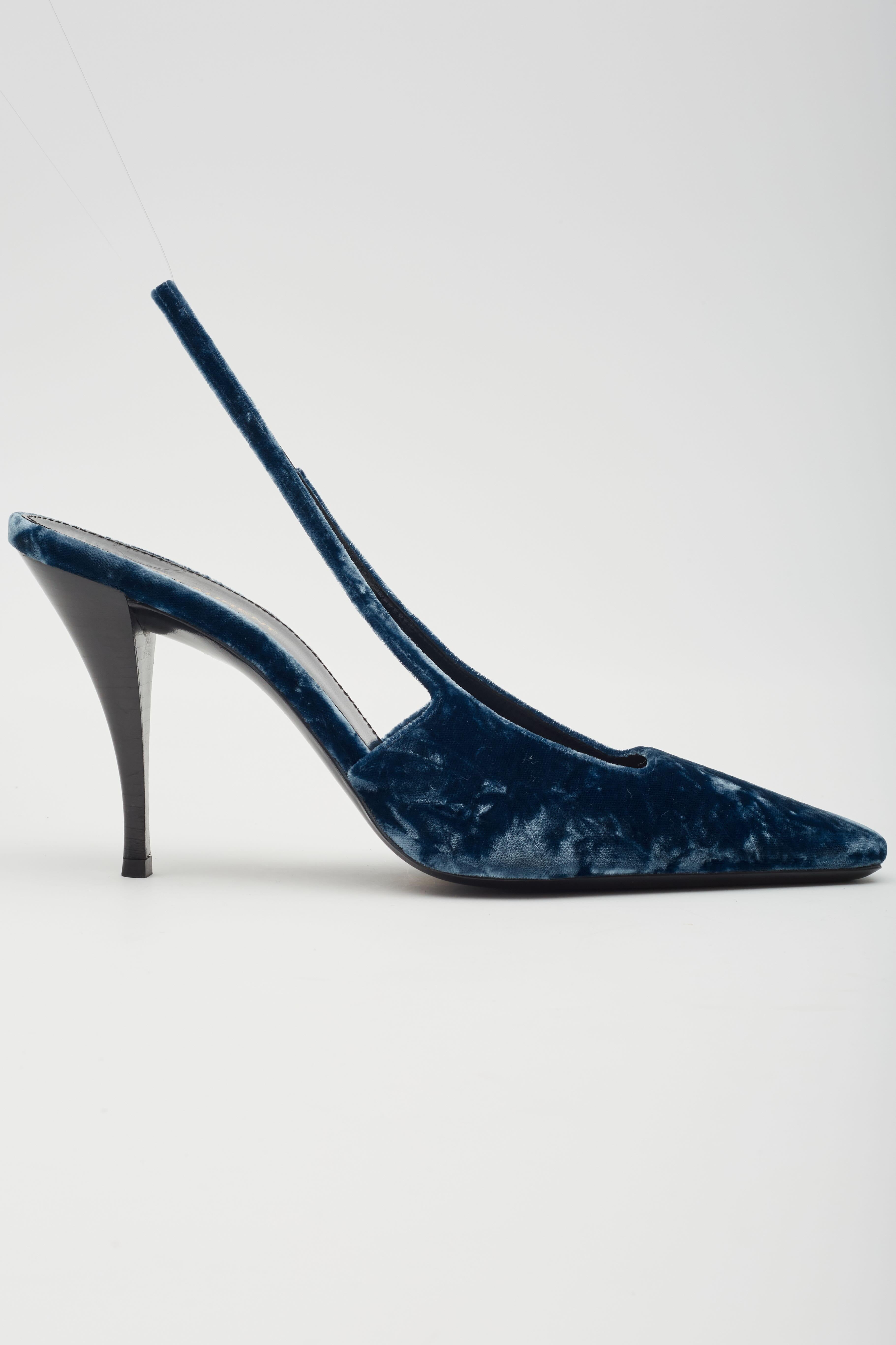 Saint Laurent Velvet Tom Dream Slingback Heels Blue EU 40.5 For Sale 3