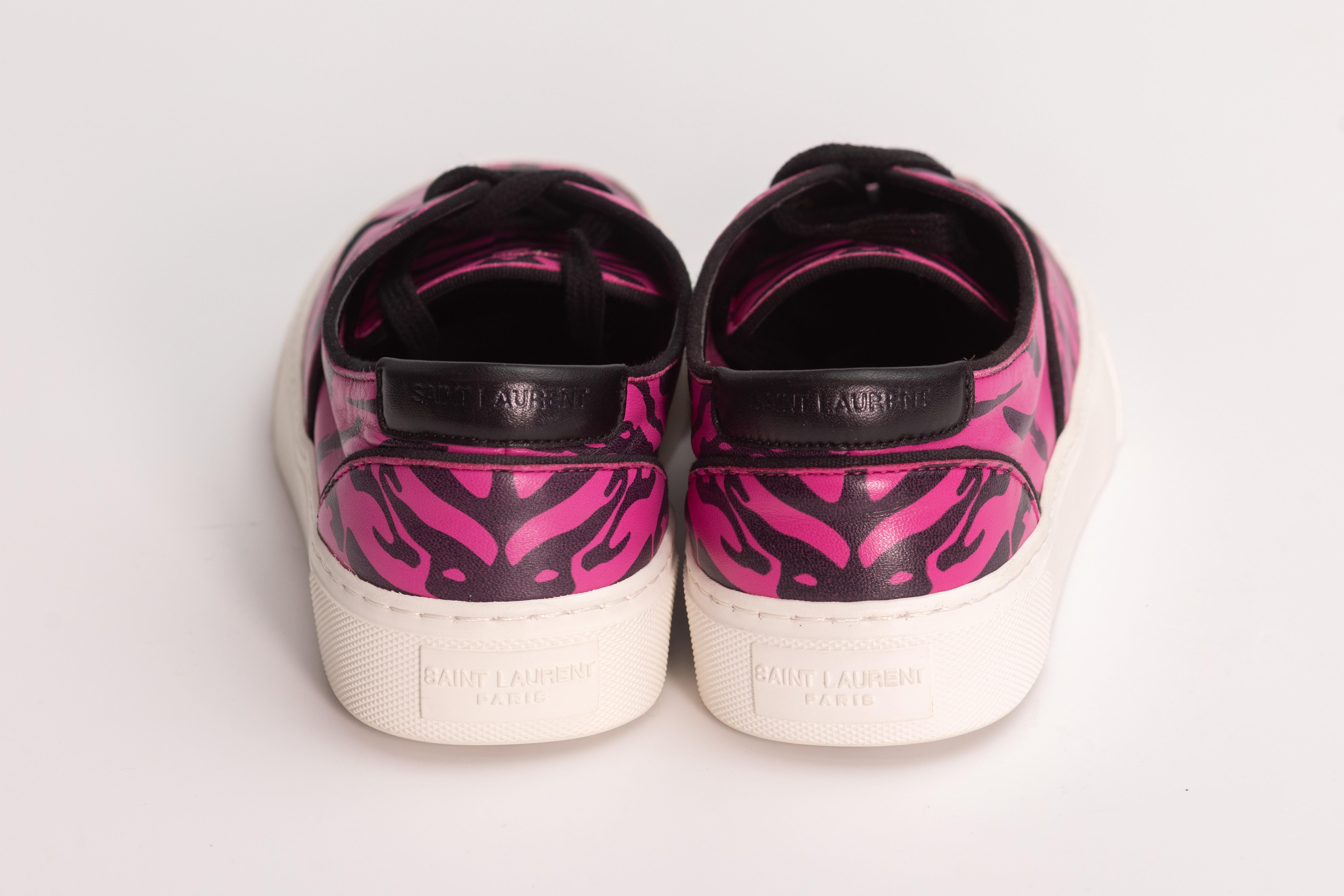 Women's Saint Laurent Venice Low Top Leather Fuchsia Zebra Sneakers (US 6) For Sale