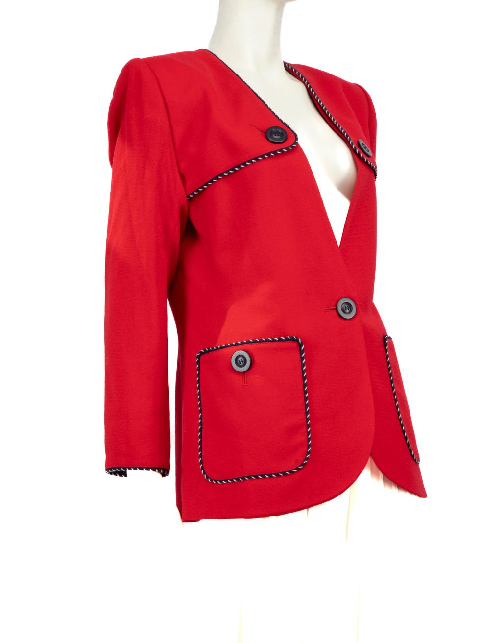 CONDITION is Very good. Minimal wear to the blazer is evident. There is discolouration on the brand label, the lining of the blazer around the neckline and the underarm on this used Yves Saint Laurent designer resale item.
 
 Details
 Red
 Wool
