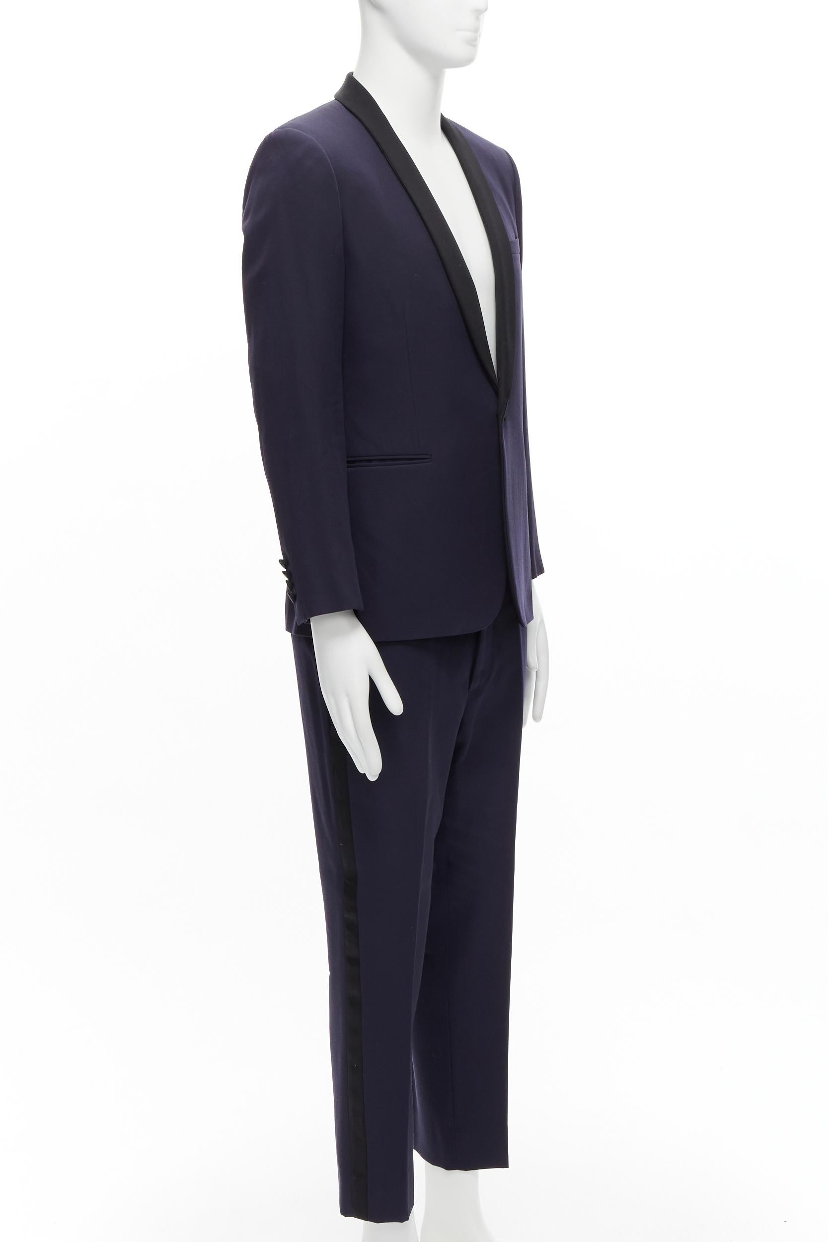 Black SAINT LAURENT virgin wool navy classic satin shawl collar tux blazer suit EU50 L For Sale