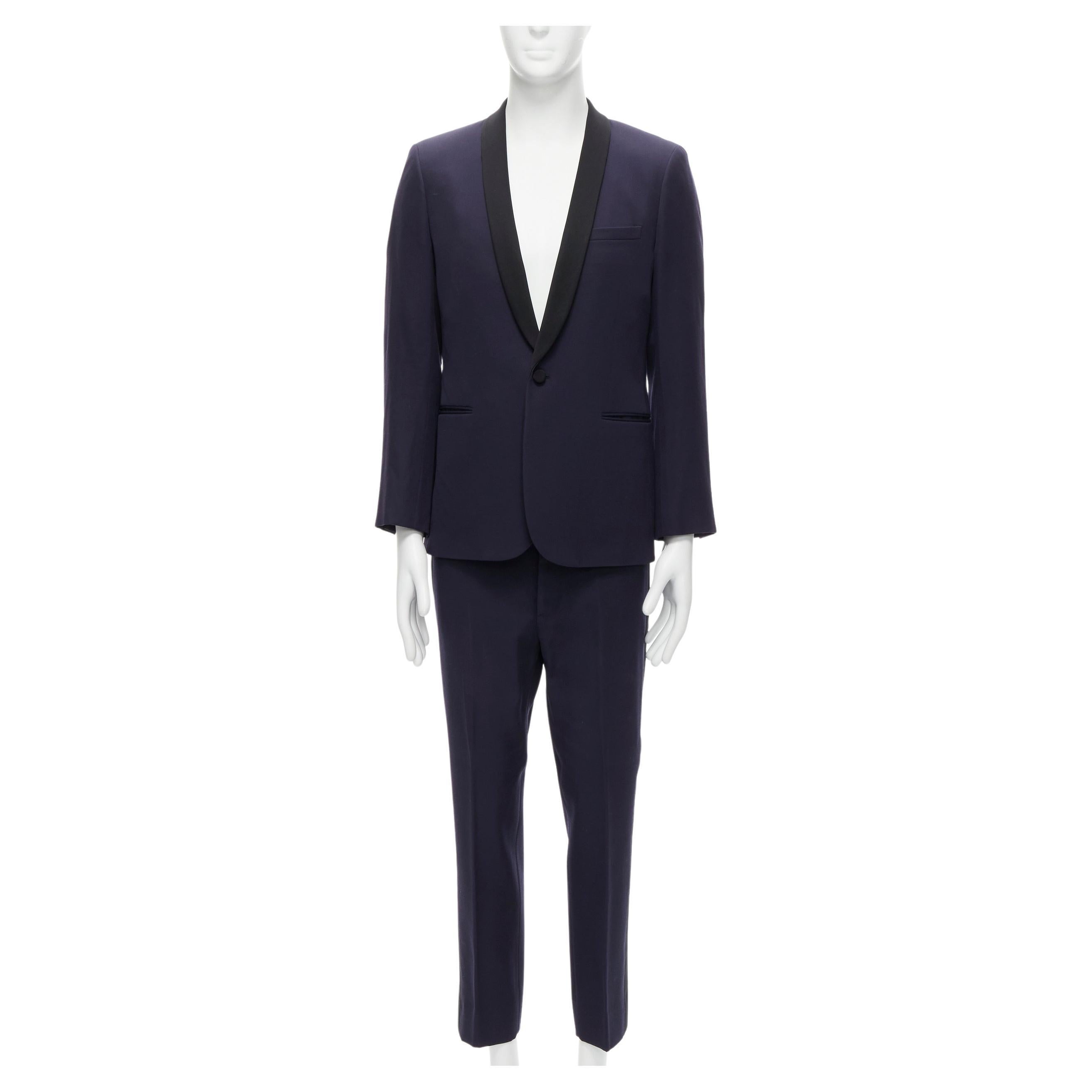 SAINT LAURENT - Combinaison blazer en laine vierge avec col châle en satin bleu marine EU50 L en vente