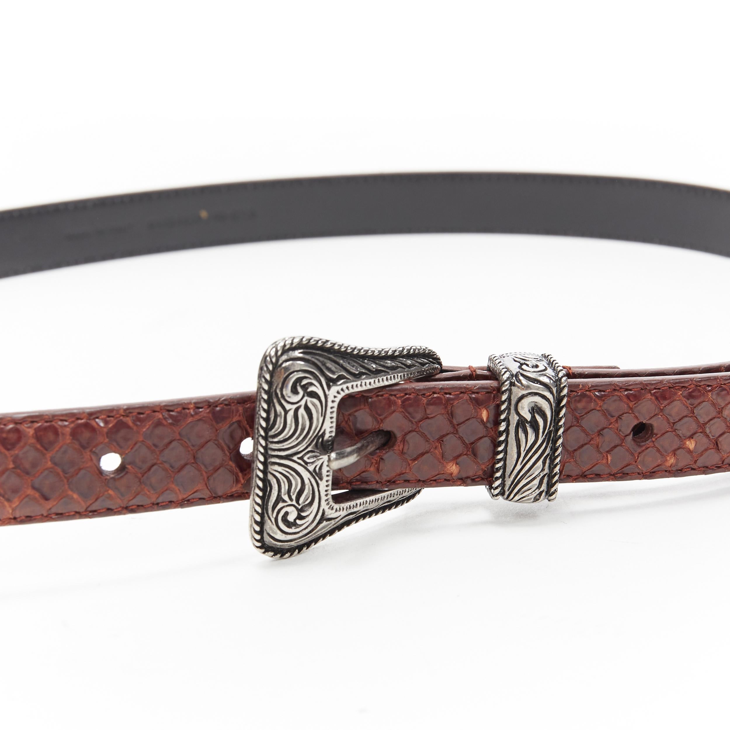 SAINT LAURENT Western silver metal buckle brown scaled leather belt 32