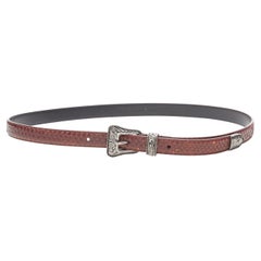 SAINT LAURENT Western silver metal buckle brown scaled leather belt 32" 36"