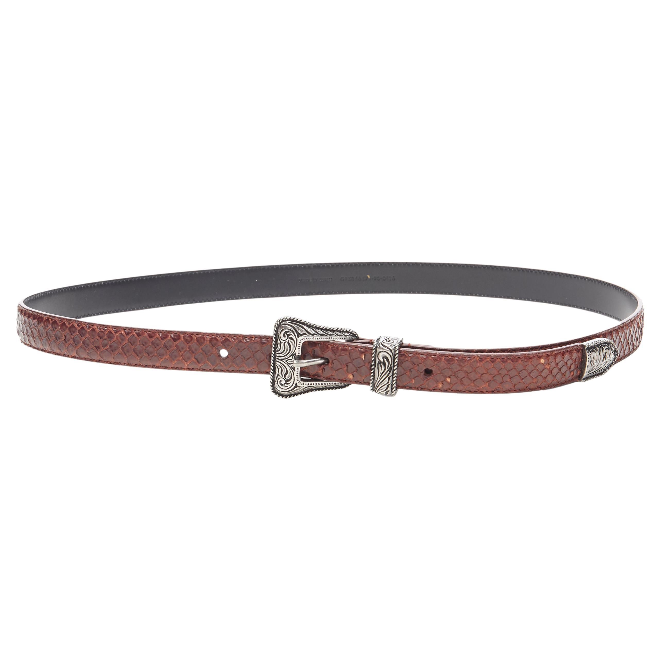 SAINT LAURENT Western silver metal buckle brown scaled leather belt 32" 36"
