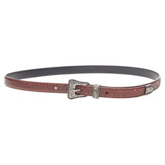 Used SAINT LAURENT Western silver metal buckle brown scaled leather belt 32" 36"