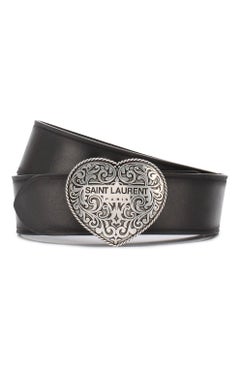Saint Laurent Western Silver-Tone Heart Shaped Buckle Black Leather Belt Size 85