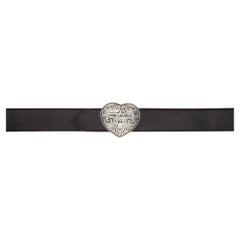 Saint Laurent Western Silberfarbener silberner herzförmiger Gürtel aus schwarzem Leder mit Schnalle Größe 85
