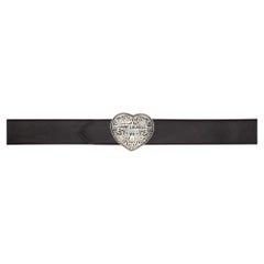 Saint Laurent Western Silver-Tone Heart Shaped Buckle Black Leather Belt Size 85