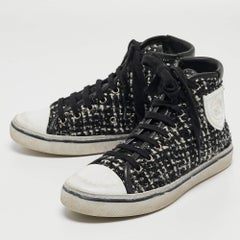 Saint Laurent White/Black Tweed and Leather Bedford High Sneakers Size 36