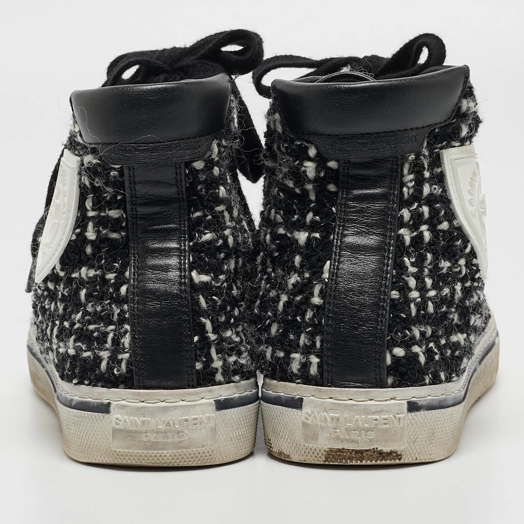 Saint Laurent White/Black Tweed and Leather Bedford High Sneakers Size 36 For Sale 2