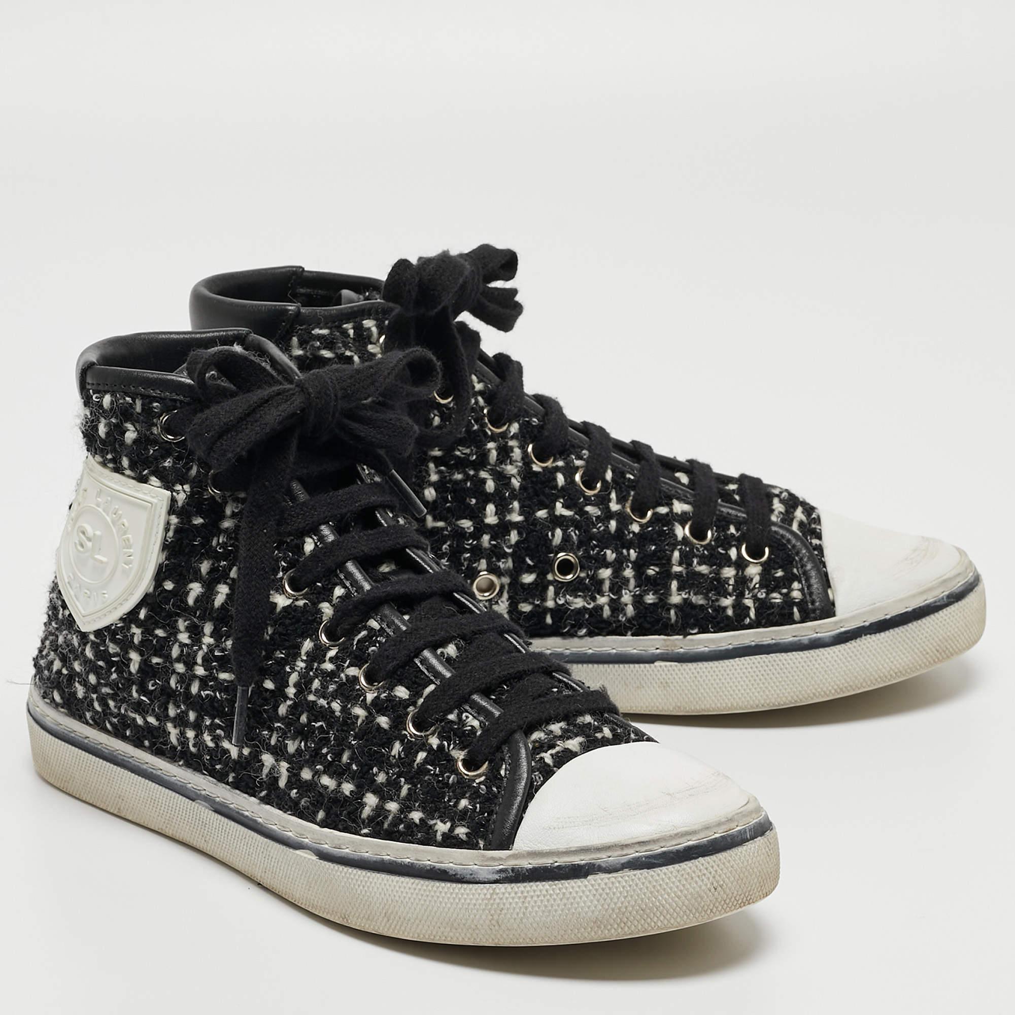 Saint Laurent White/Black Tweed and Leather Bedford High Sneakers Size 36 For Sale 4