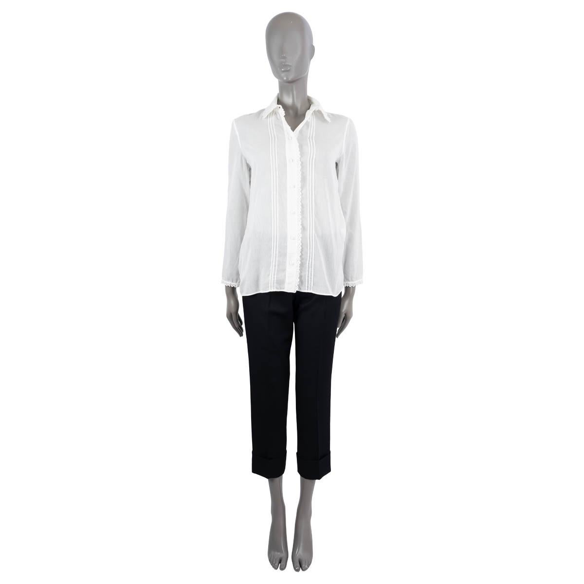 100% authentic Saint Laurent 2015 sheer white cotton (100%) blouse featuring broderie anglaise trim and front pleats.  Has been worn and is in excellent condition. 

Measurements
Tag Size	36
Size	XS
Shoulder Width	37cm (14.4in)
Bust From	96cm