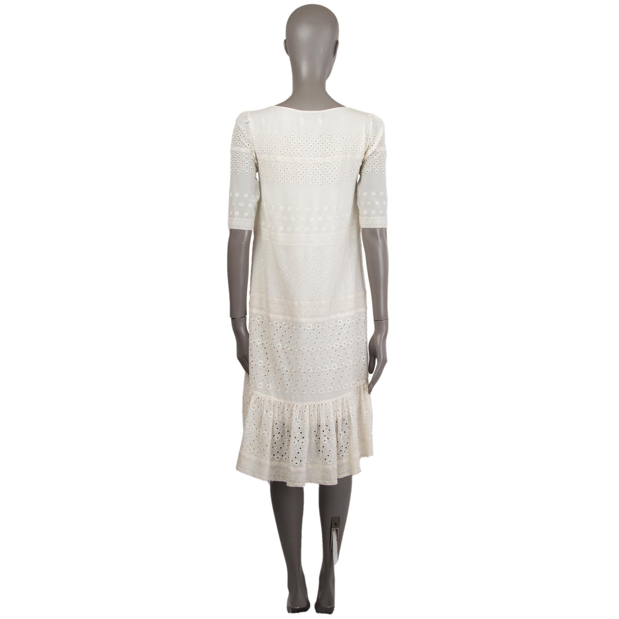 Gray SAINT LAURENT white cotton BRODERIE ANGLAISE RUFFLE Dress 36 For Sale
