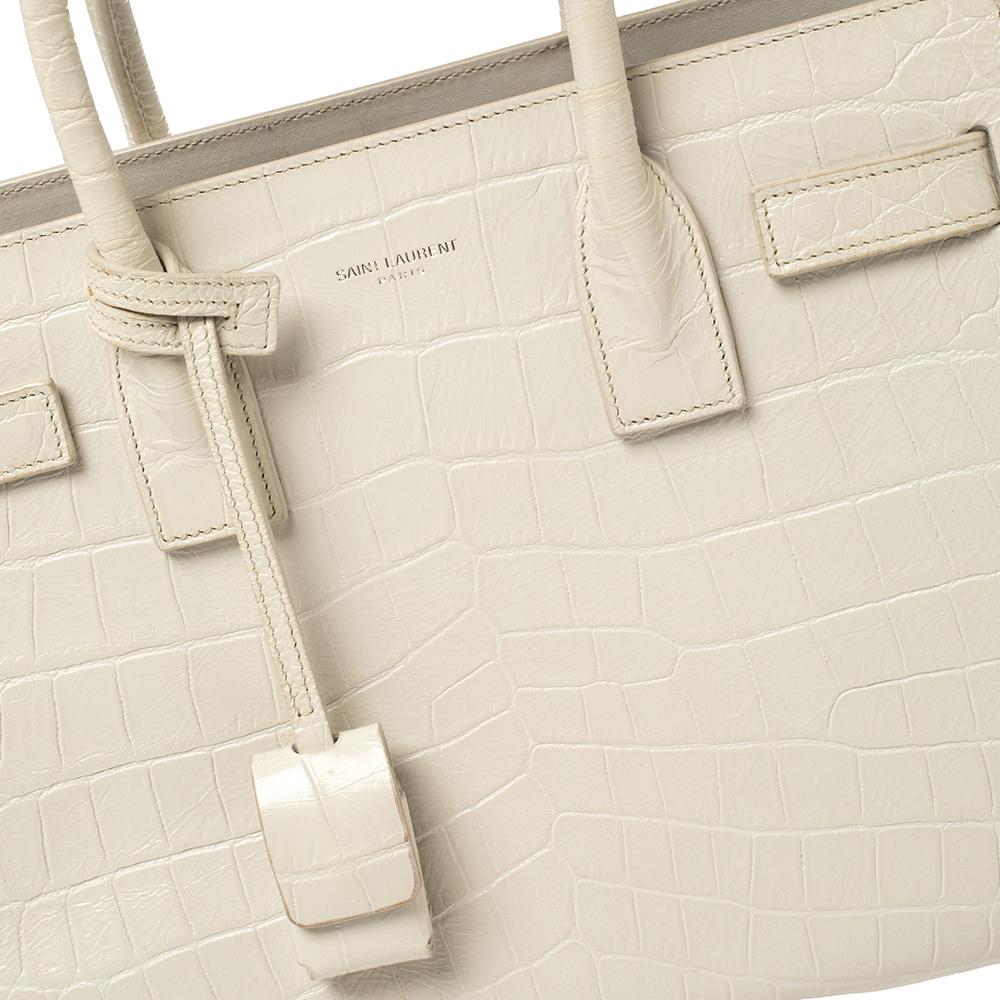 Saint Laurent Baby Classic Sac De Jour Tragetasche aus weißem Leder mit Kroko-Prägung 1