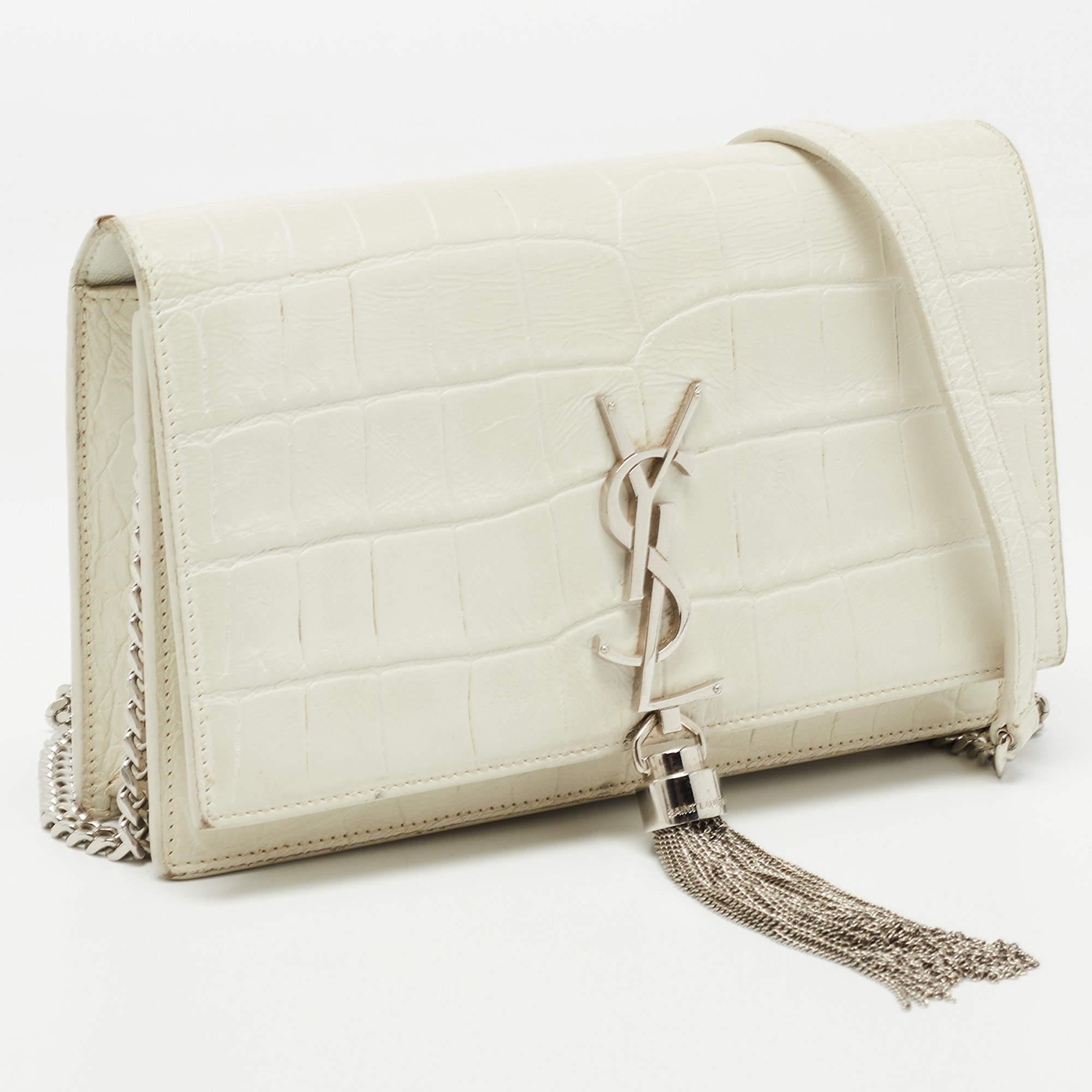 Women's or Men's Saint Laurent White Croc Embossed Leather Kate Tassel Chain Wallet
