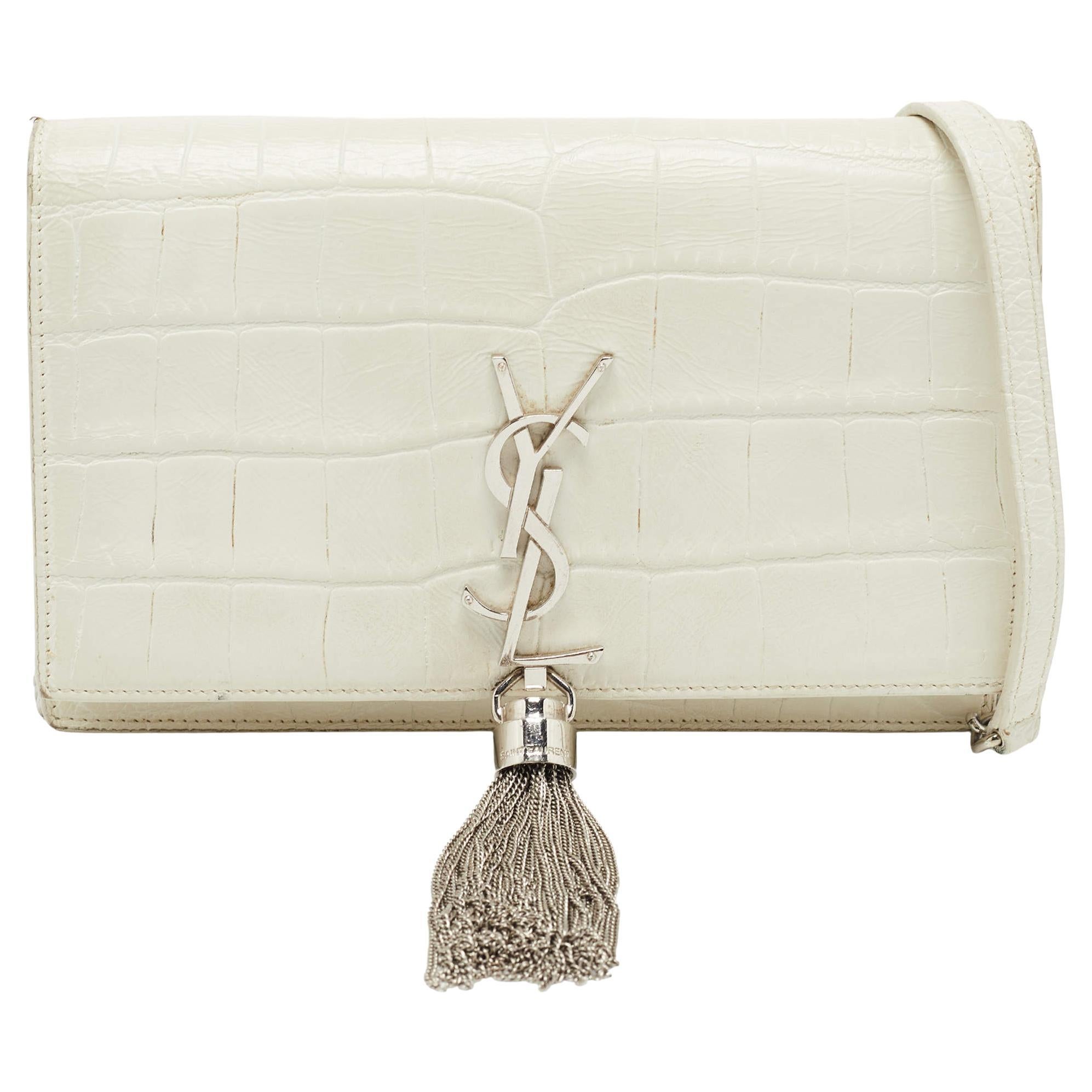 Saint Laurent White Croc Embossed Leather Kate Tassel Chain Wallet