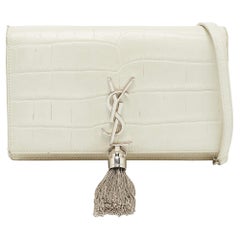 Saint Laurent White Croc Embossed Leather Kate Tassel Chain Wallet