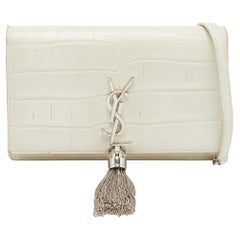 Saint Laurent White Croc Embossed Leather Kate Tassel Chain Wallet