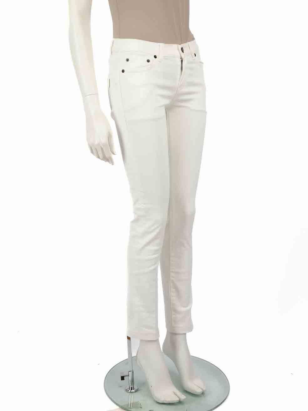 CONDITION is Very good. Hardly any visible wear to jeans is evident on this used Saint Laurent designer resale item.
 
 
 
 Details
 
 
 White
 
 Denim
 
 Jeans
 
 Skinny fit
 
 Mid rise
 
 3x Front pockets
 
 2x Back pockets
 
 Fly zip and button