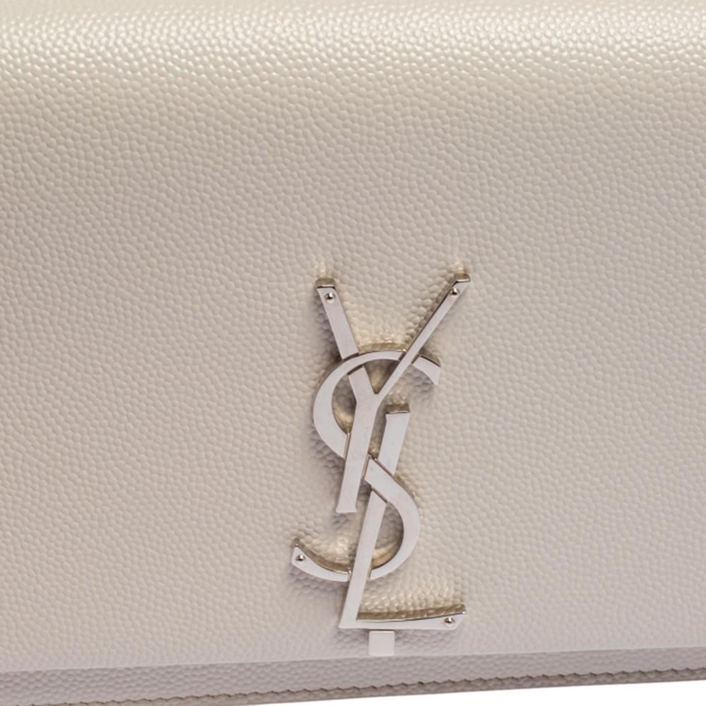 Gray Saint Laurent White Grained Leather Kate Wallet on Chain