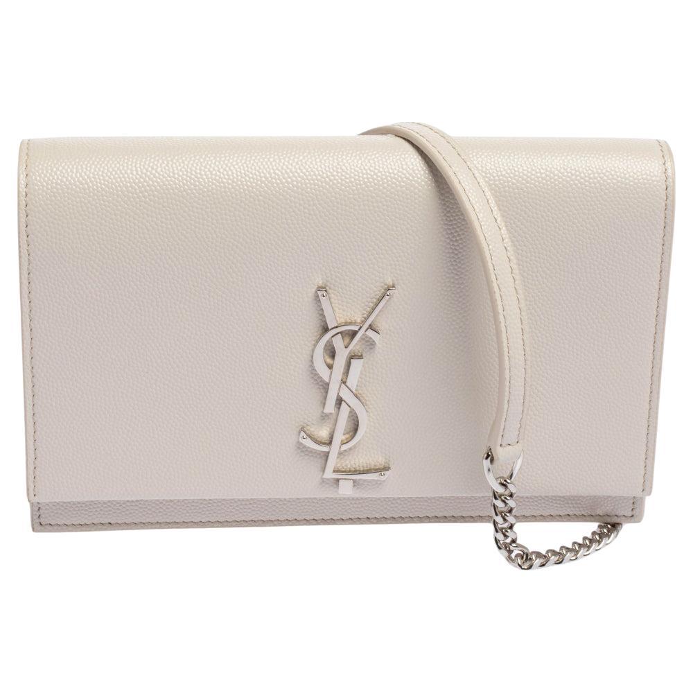 Saint Laurent White Grained Leather Kate Wallet on Chain