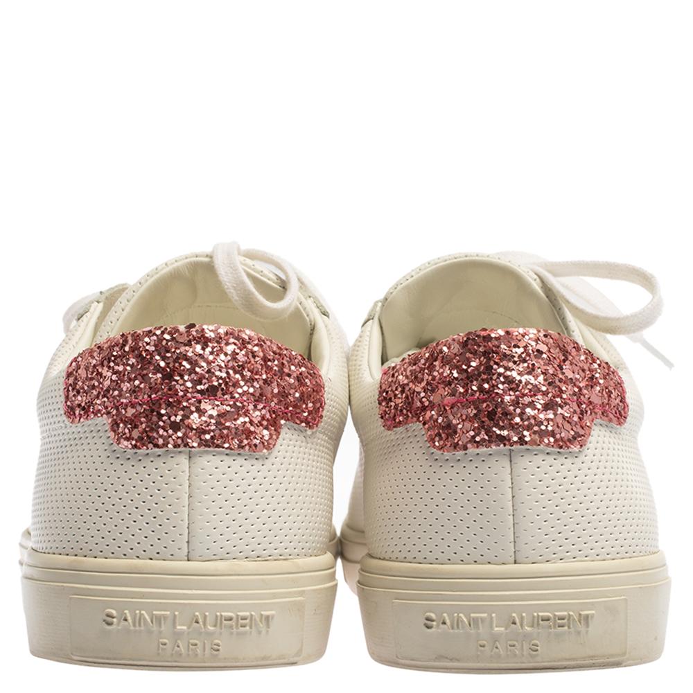 Saint Laurent White Leather And Glitter Andy Low-top Sneakers Size 39 In Good Condition In Dubai, Al Qouz 2