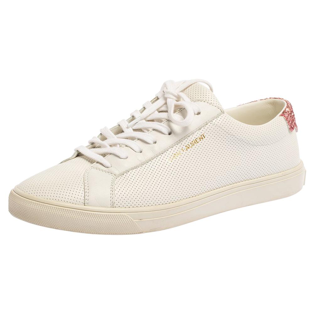 Saint Laurent White Leather And Glitter Andy Low-top Sneakers Size 39