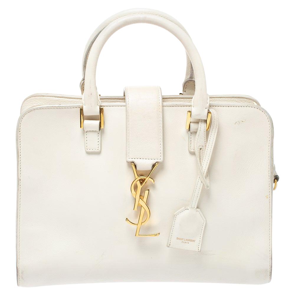 Saint Laurent White Leather Baby Monogram Cabas Tote at 1stDibs