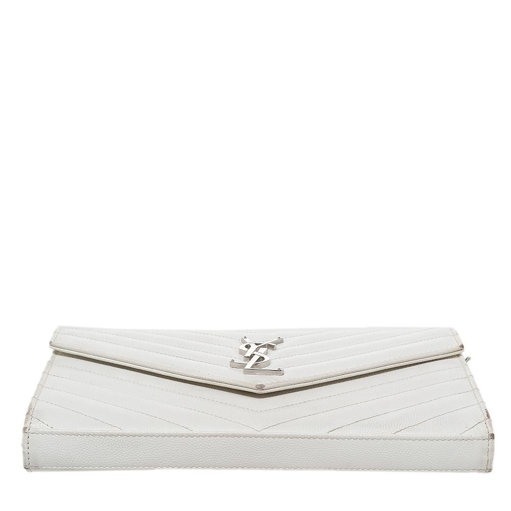 Gray Saint Laurent White Leather Envelope Wallet On Chain