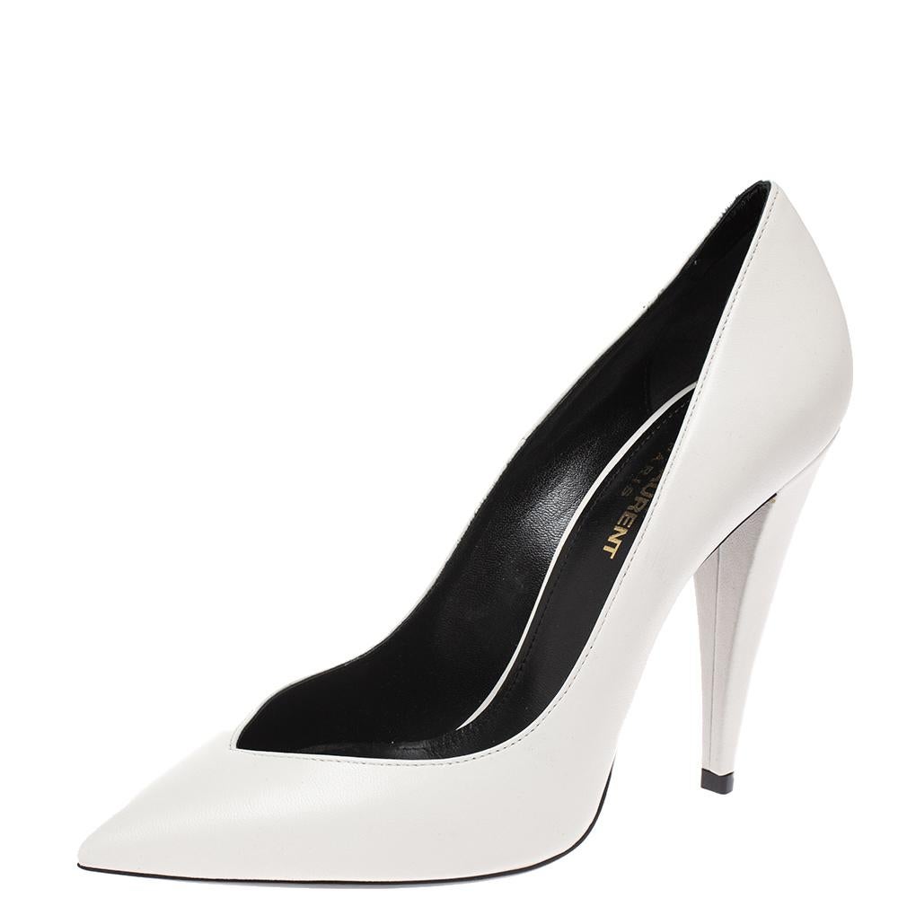 Your impeccable styling can never be complete without this pair of pumps from Saint Laurent. These pumps made from leather reflect the latest trends in fashion. This pair of white pumps feature pointed toes, sharp cuts and 11 cm heels.

Includes: