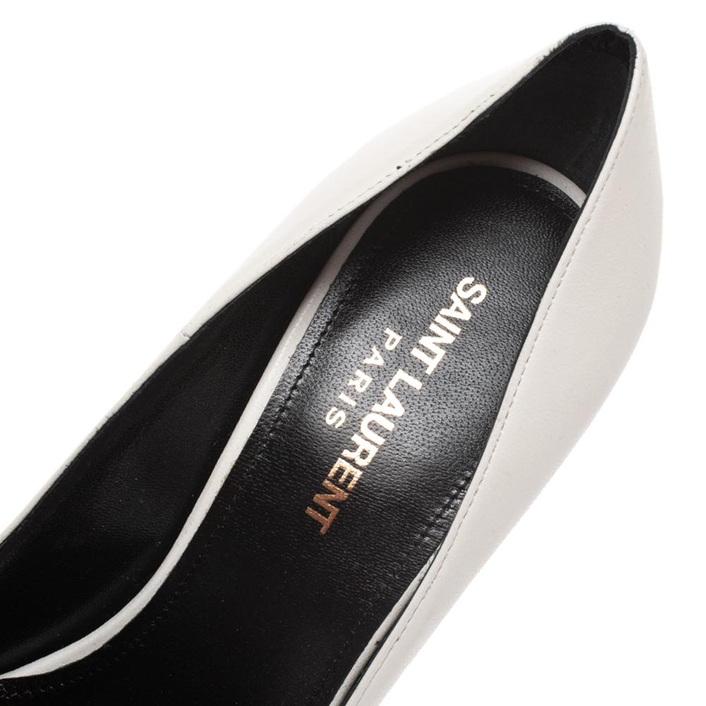 Gray Saint Laurent White Leather Pointed Toe Pumps Size 38