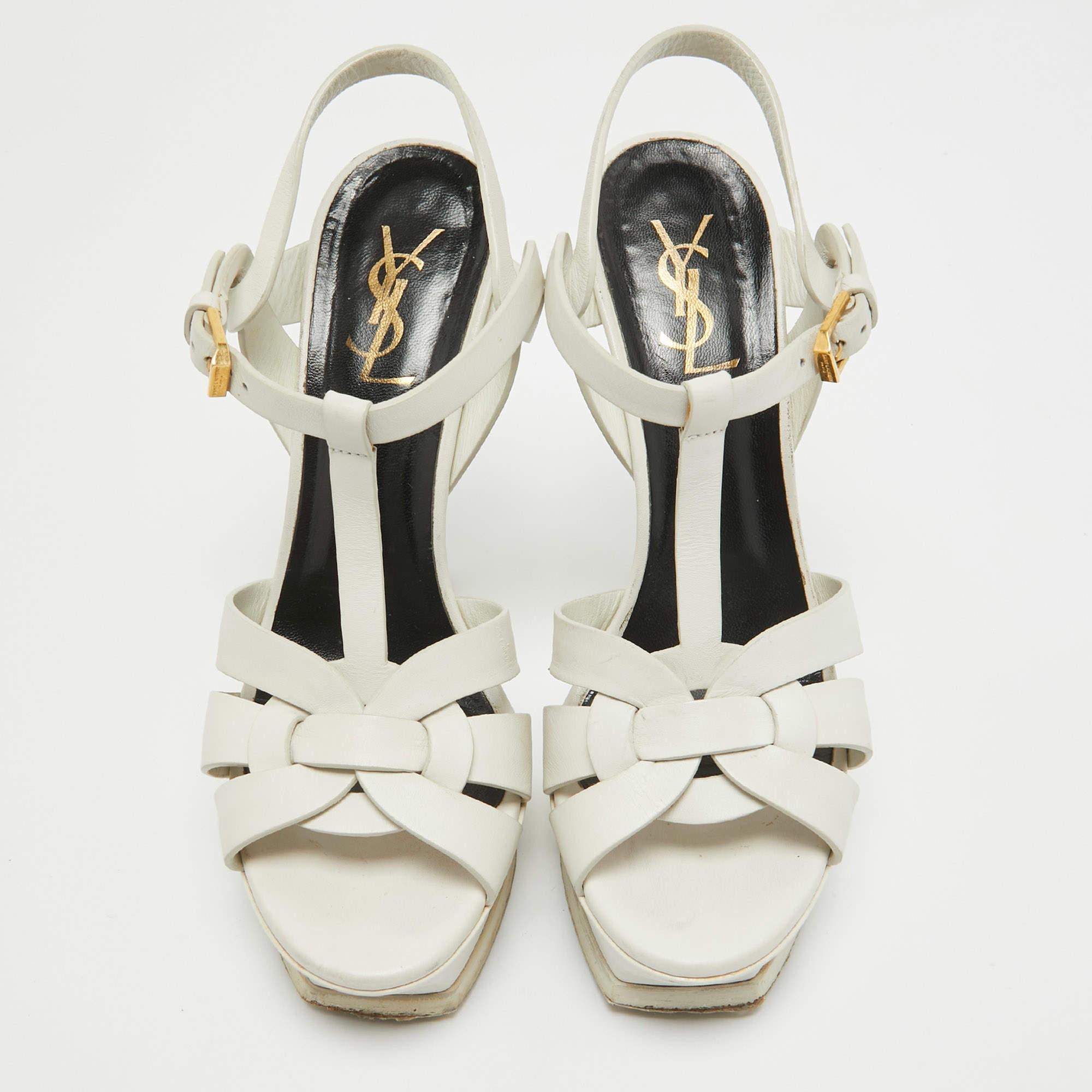 Saint Laurent Sandalias con tira al tobillo Tribute de piel blanca talla 38 Gris