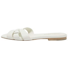 Saint Laurent White Leather Tribute Flat Slides Size 36