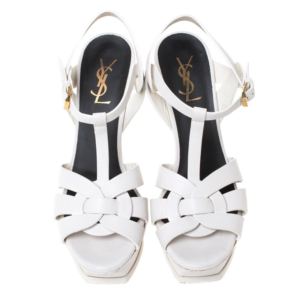 Gray Saint Laurent White Leather Tribute Platfrom Sandals Size 39