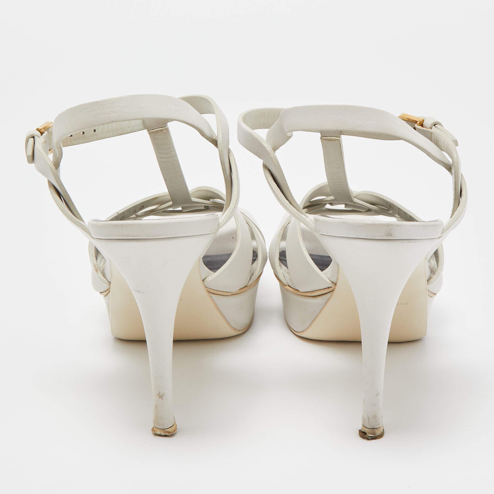 Gray Saint Laurent White Leather Tribute Sandals Size 40 For Sale
