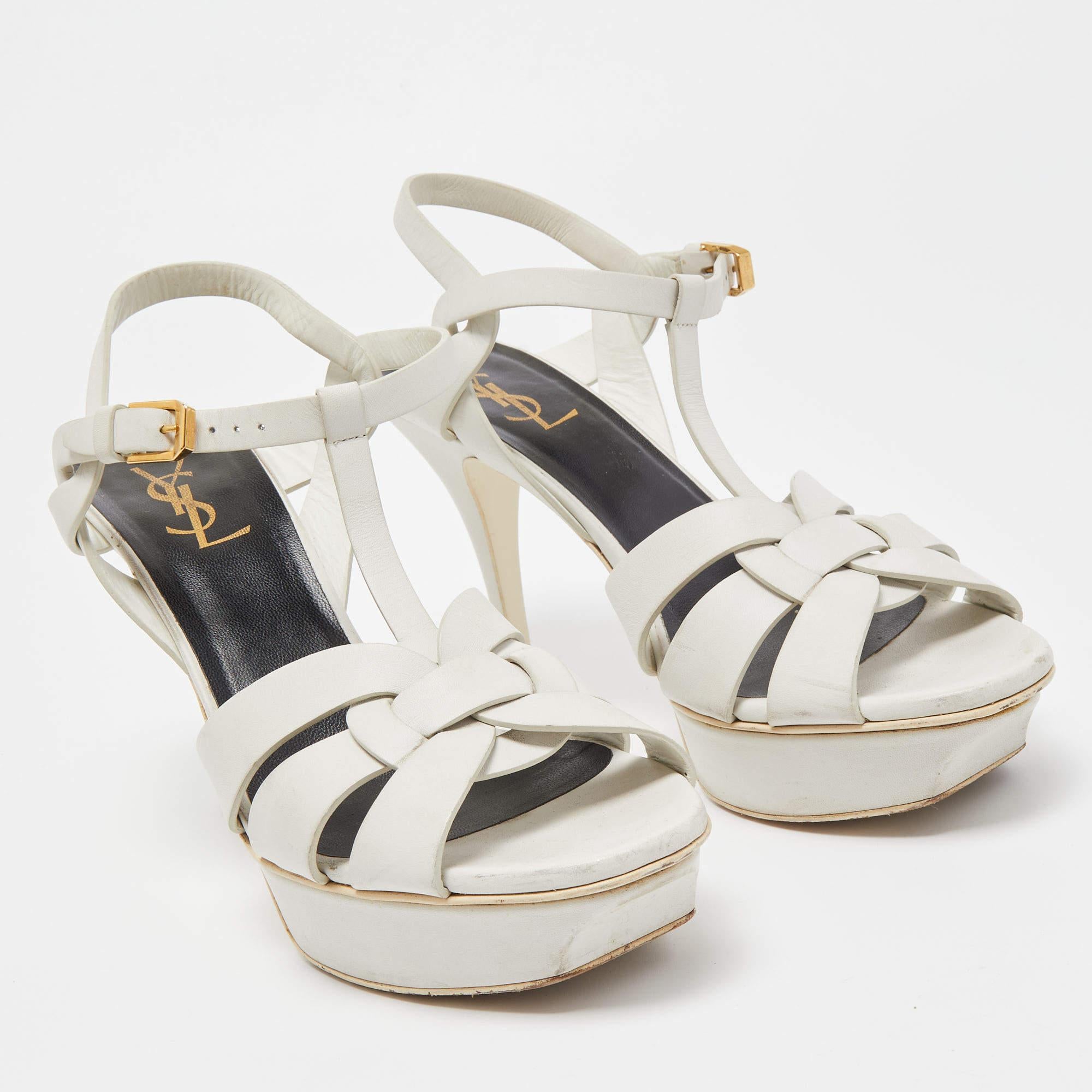 Women's Saint Laurent White Leather Tribute Sandals Size 40