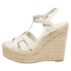 Saint Laurent White Leather Tribute Wedge Sandals Size 39