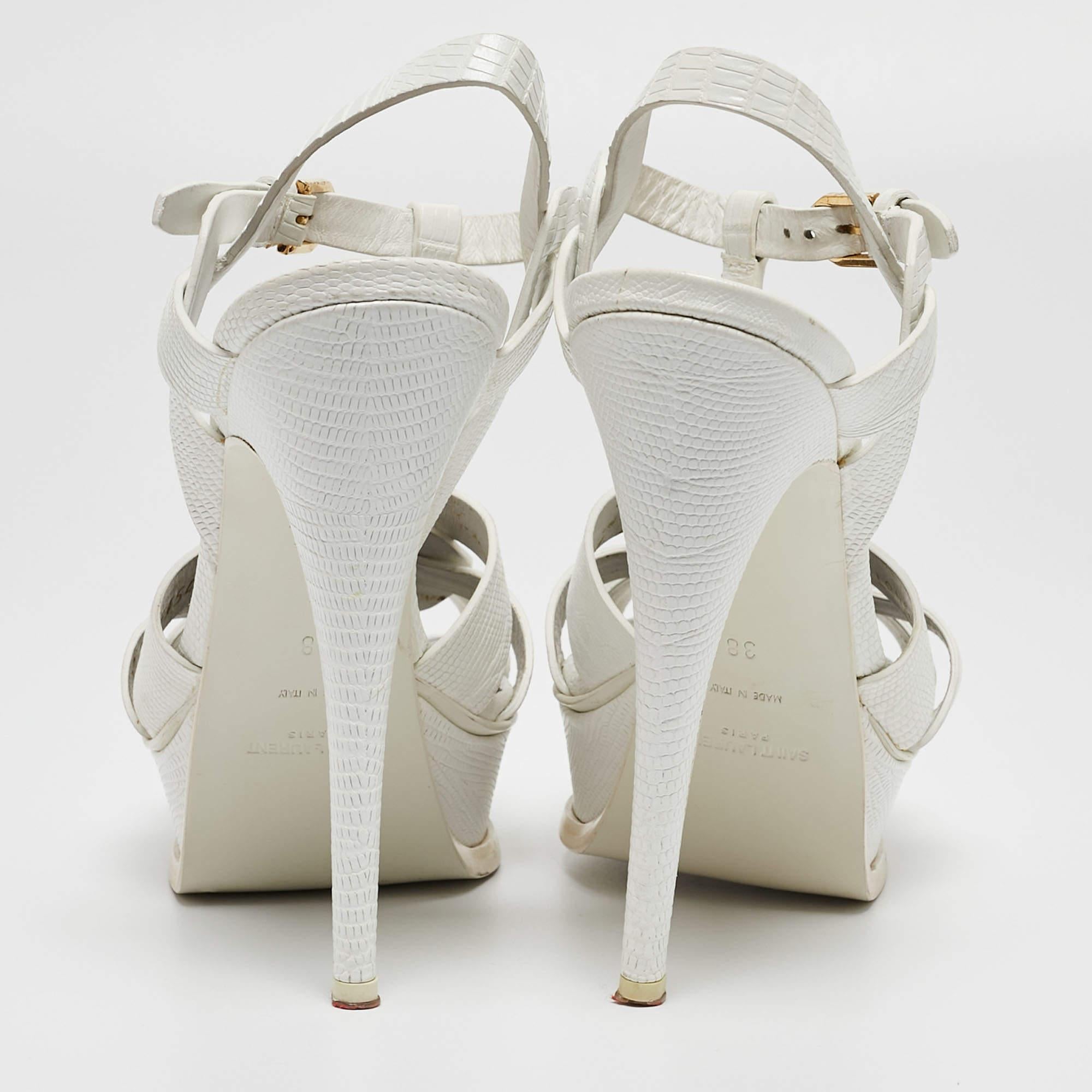 Saint Laurent Weiße Tribute-Sandalen aus Leder mit Eidechsenprägung Größe 38 im Angebot 1