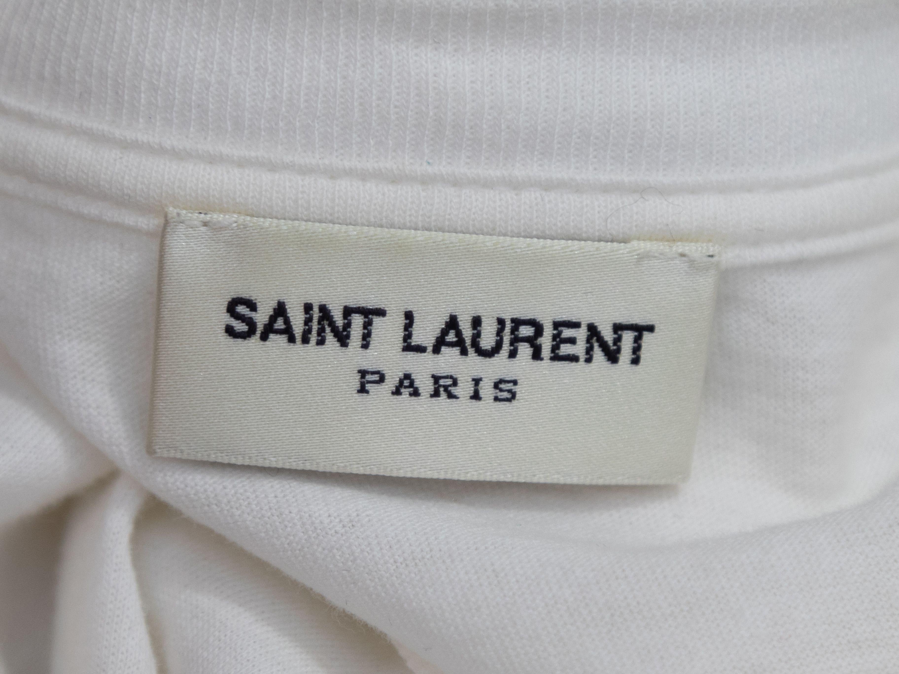 Product Details: White and multicolor logo print T-shirt by Saint Laurent. Crew neck. Short sleeves. 47