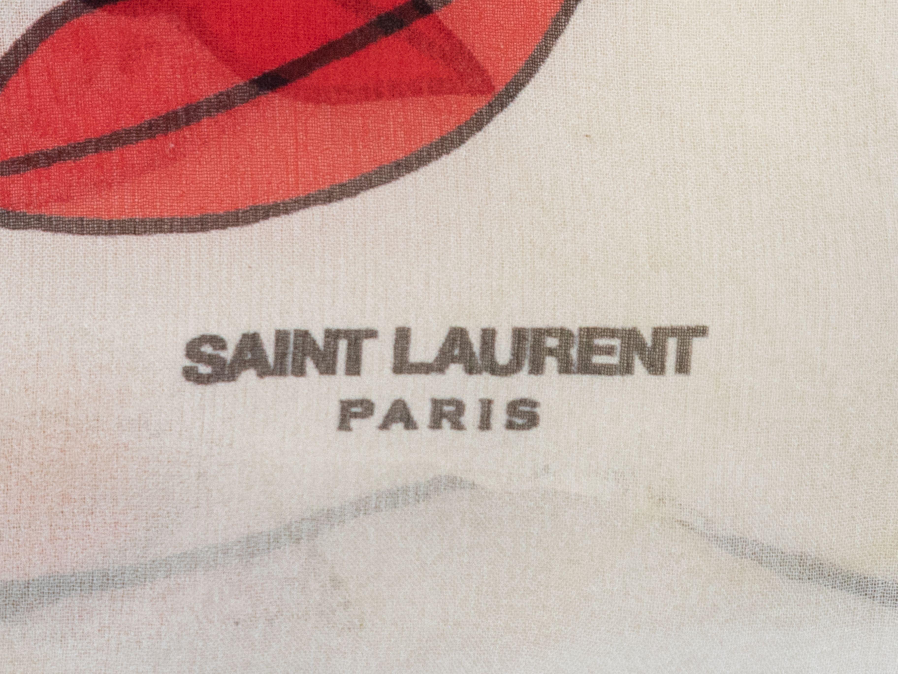 Product Details: White, red, and black silk lip print scarf scarf by Saint Laurent. 25.75