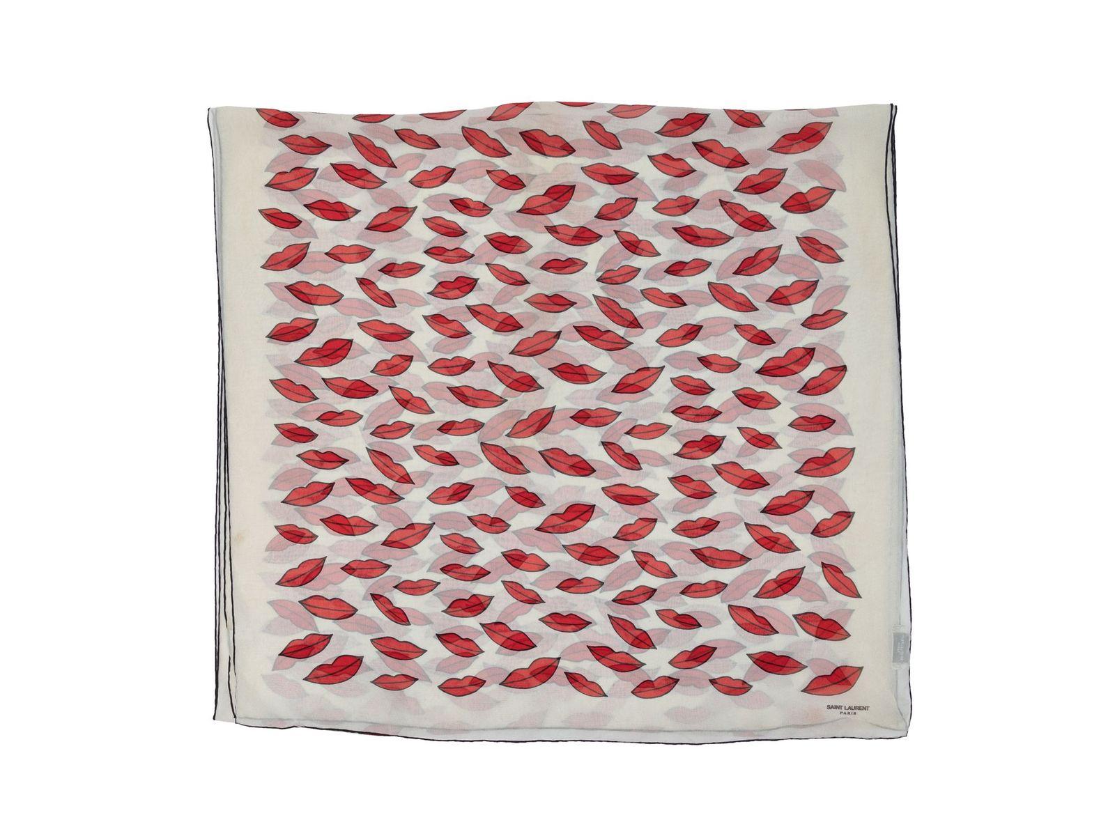 Gray Saint Laurent White & Multicolor Silk Lip Print Scarf