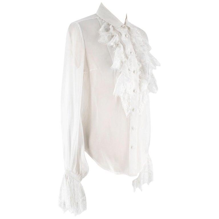 Saint Laurent White Sheer Silk Georgette Ruffled Shirt - Size US 0-2 at ...