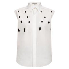 Saint Laurent White Sleeveless Collared Shirt w/ Leather Diamond Appliqués SZ 36