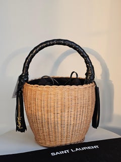SAINT LAURENT Wicker basket bag, YSL signature gold chain, wicker +black leather