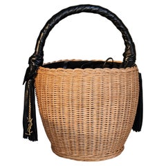 SAINT LAURENT Wicker basket bag, YSL signature gold chain, wicker +black leather