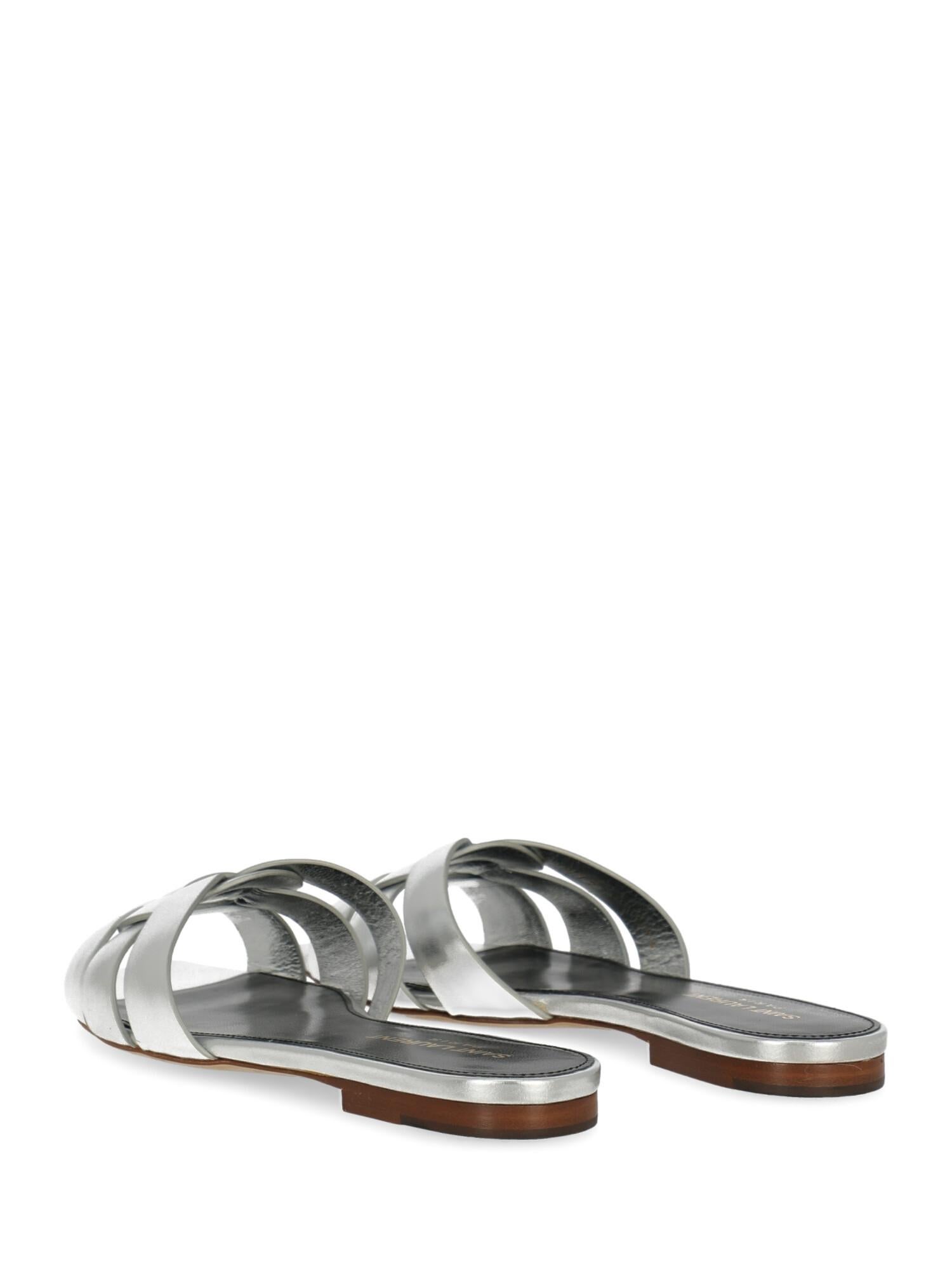 Women's Saint Laurent Woman Slippers Silver Leather IT 36.5 For Sale