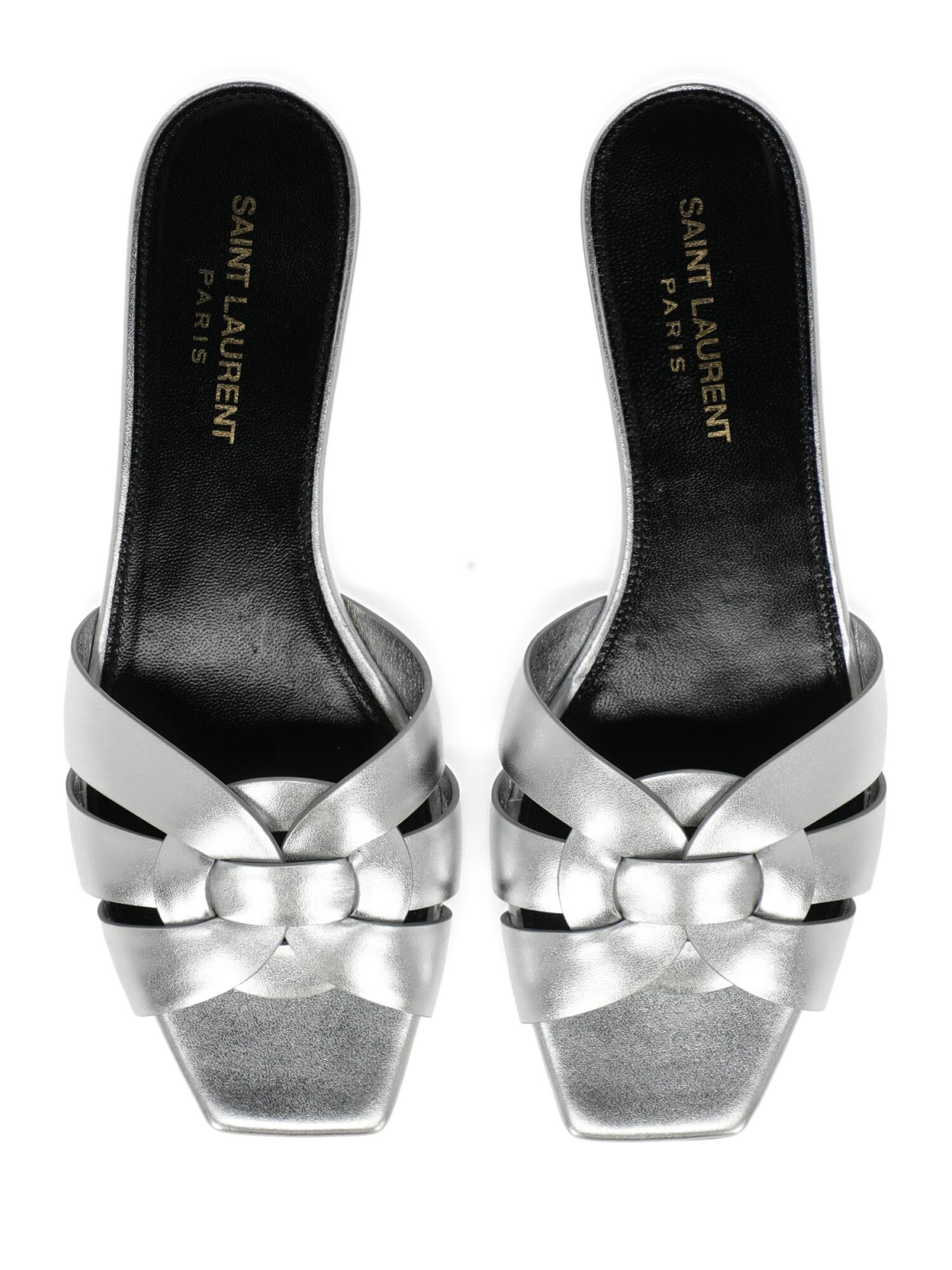 Saint Laurent Woman Slippers Silver Leather IT 36.5 For Sale 2