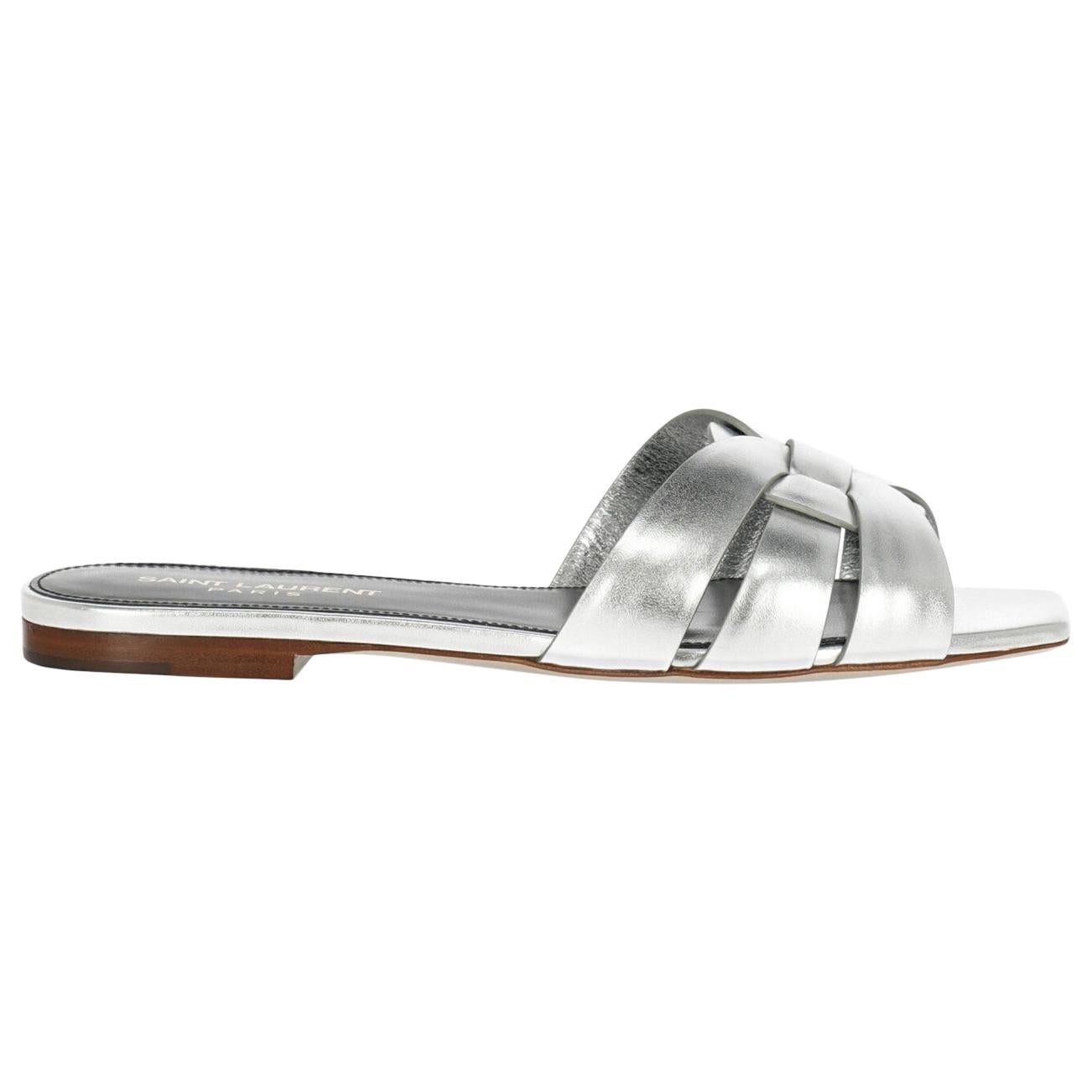 Saint Laurent Woman Slippers Silver Leather IT 36.5 For Sale