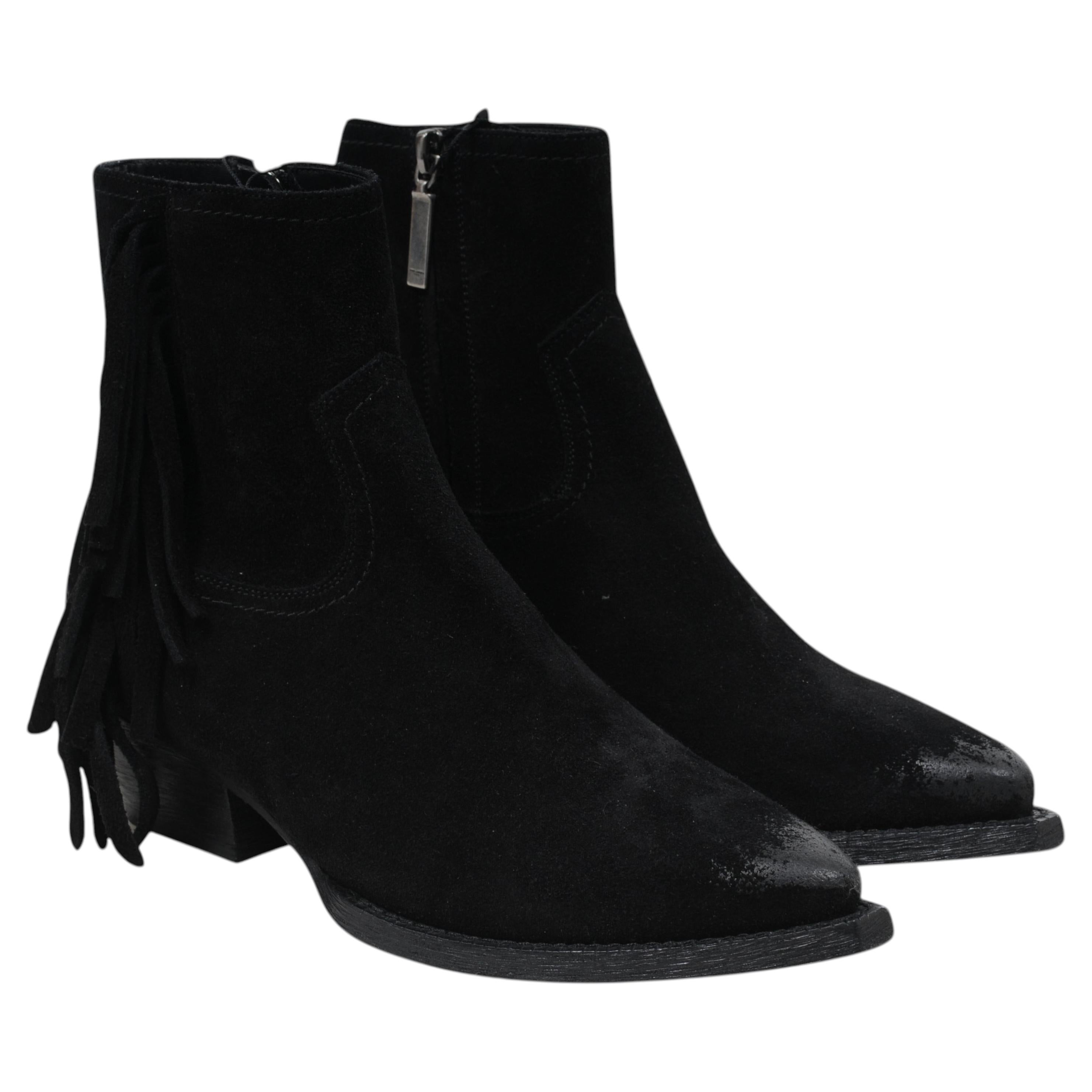 Saint Laurent Women Fringe Boots Sz 35.5 US 5.5 Lukas Western Black Suede Waxed